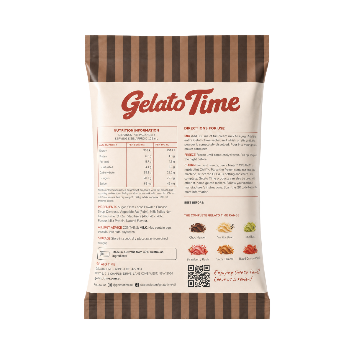 Choc Heaven Gelato Mix sachet, back panel with directions