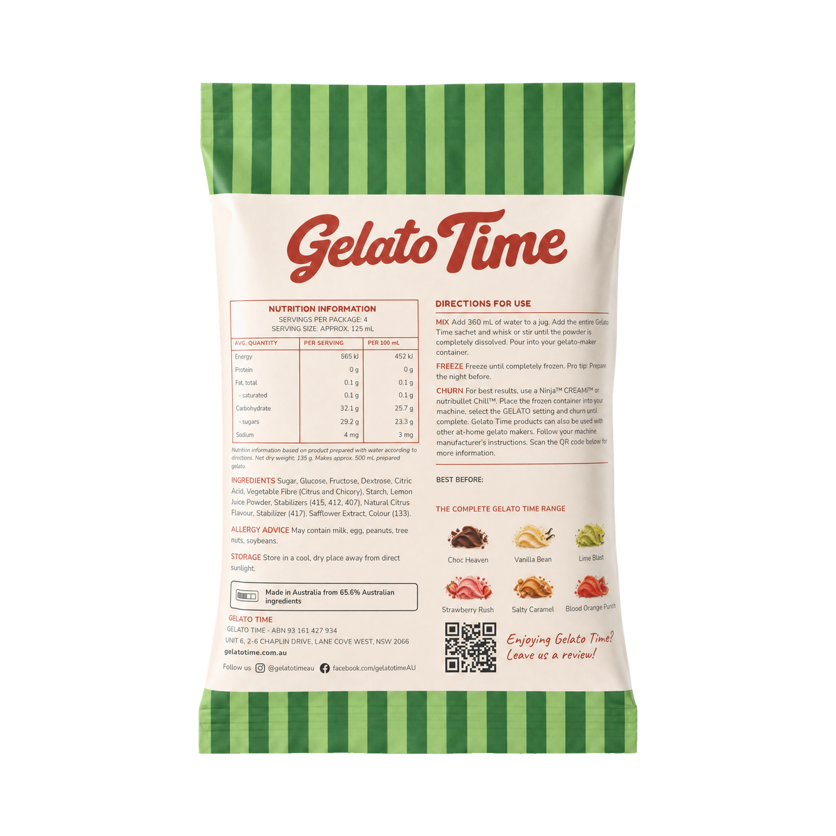 Lime Blast Gelato Mix sachet, back panel with directions