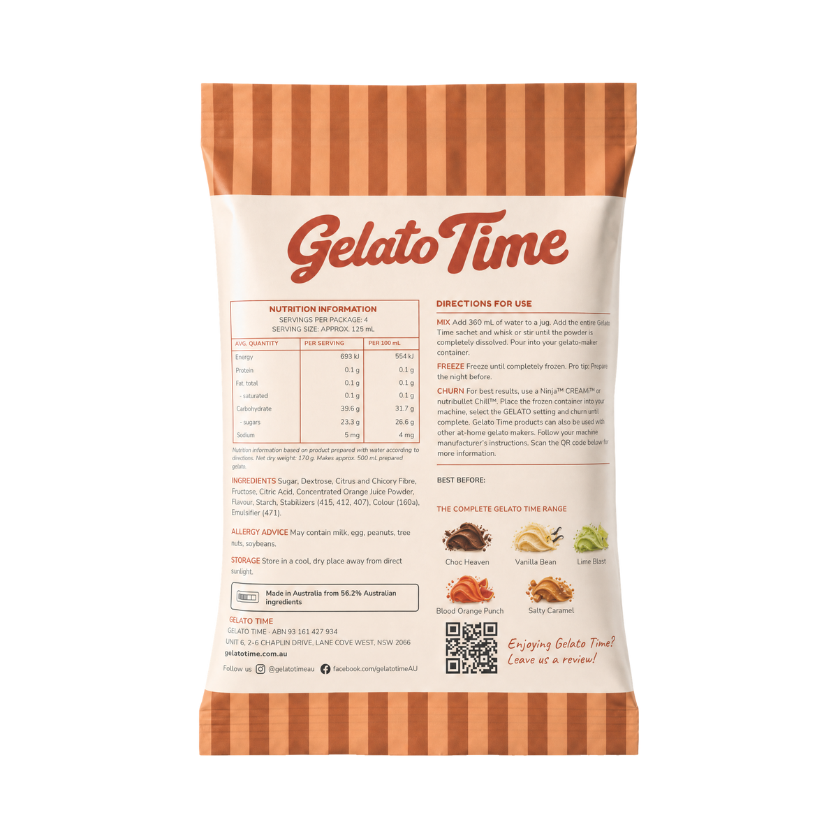 Blood Orange Punch Gelato Mix sachet, back panel with directions
