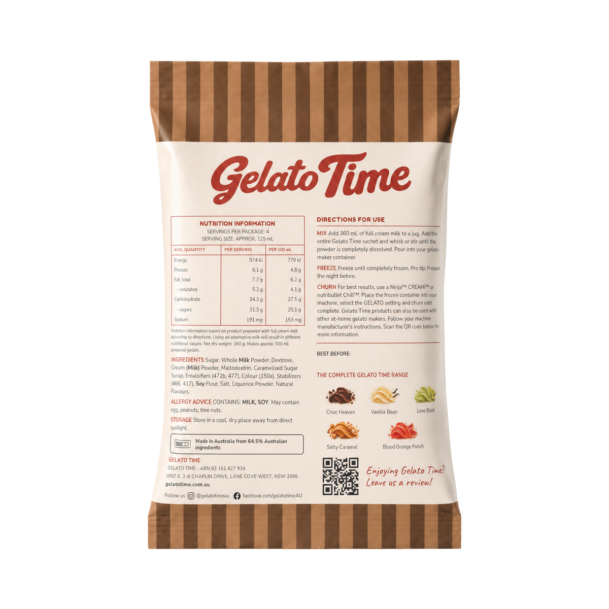 Salty Caramel Gelato Mix sachet, back panel with directions