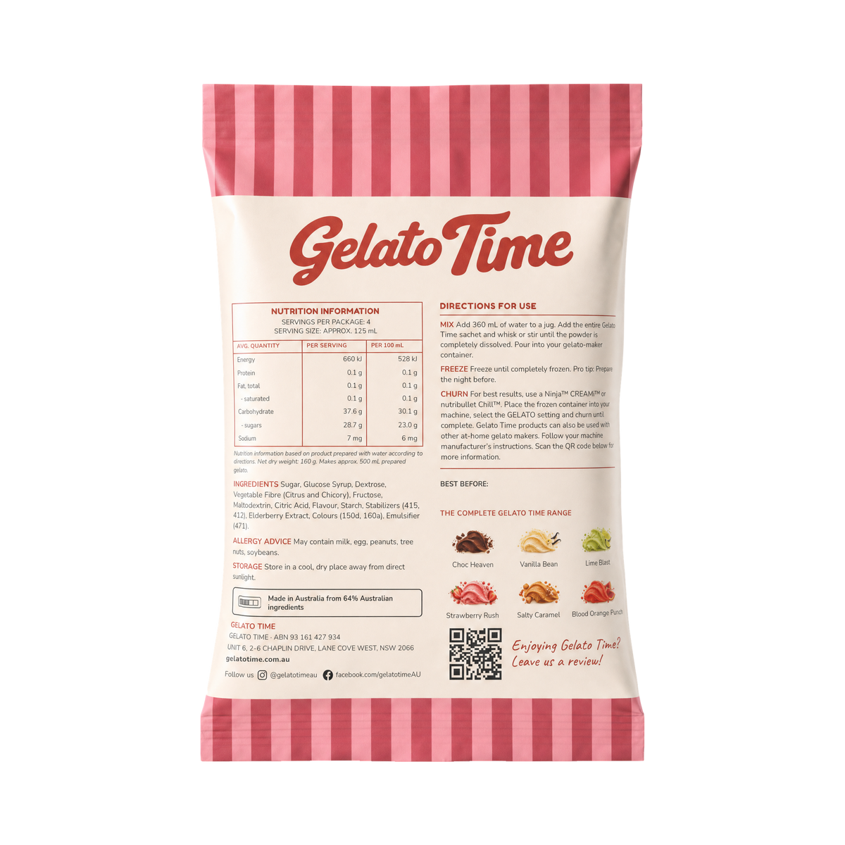Strawberry Rush Gelato Mix sachet, back panel with directions