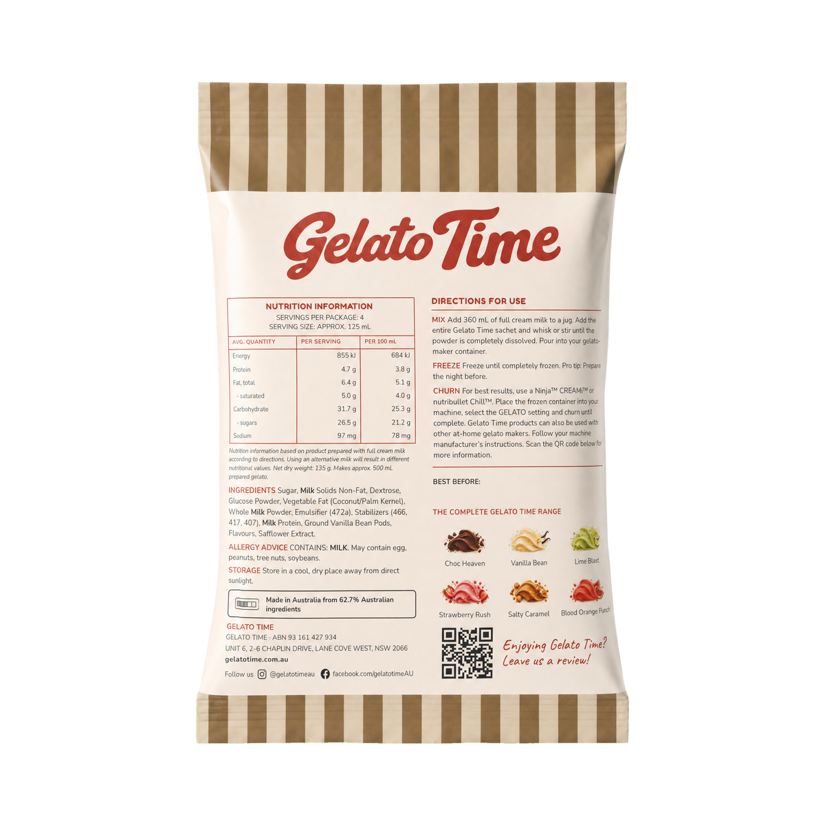 Vanilla Bean Gelato Mix sachet, back panel with directions