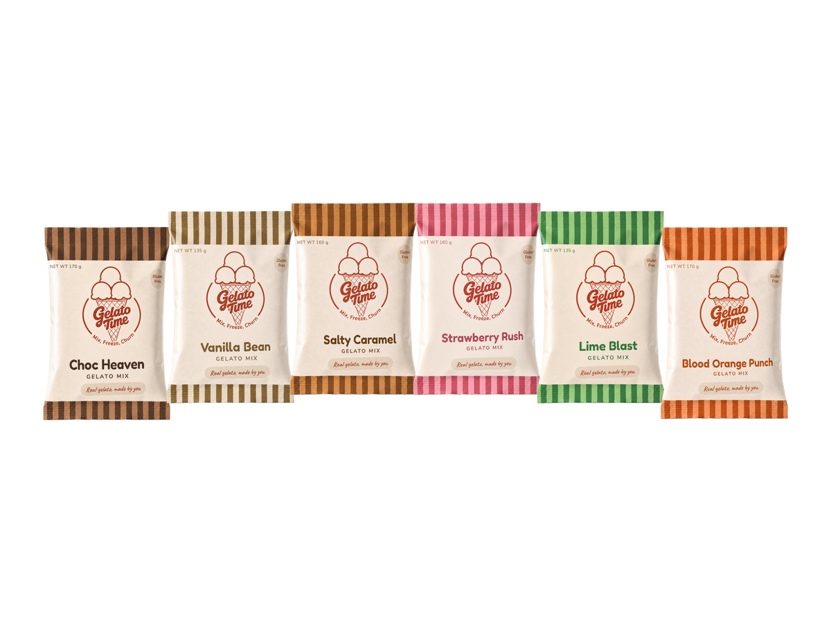Six Gelato Time Gelato Mix sachets: Choc Heaven, Vanilla Bean, Salty Caramel, Strawberry Rush, Lime Blast and Blood Orange Punch