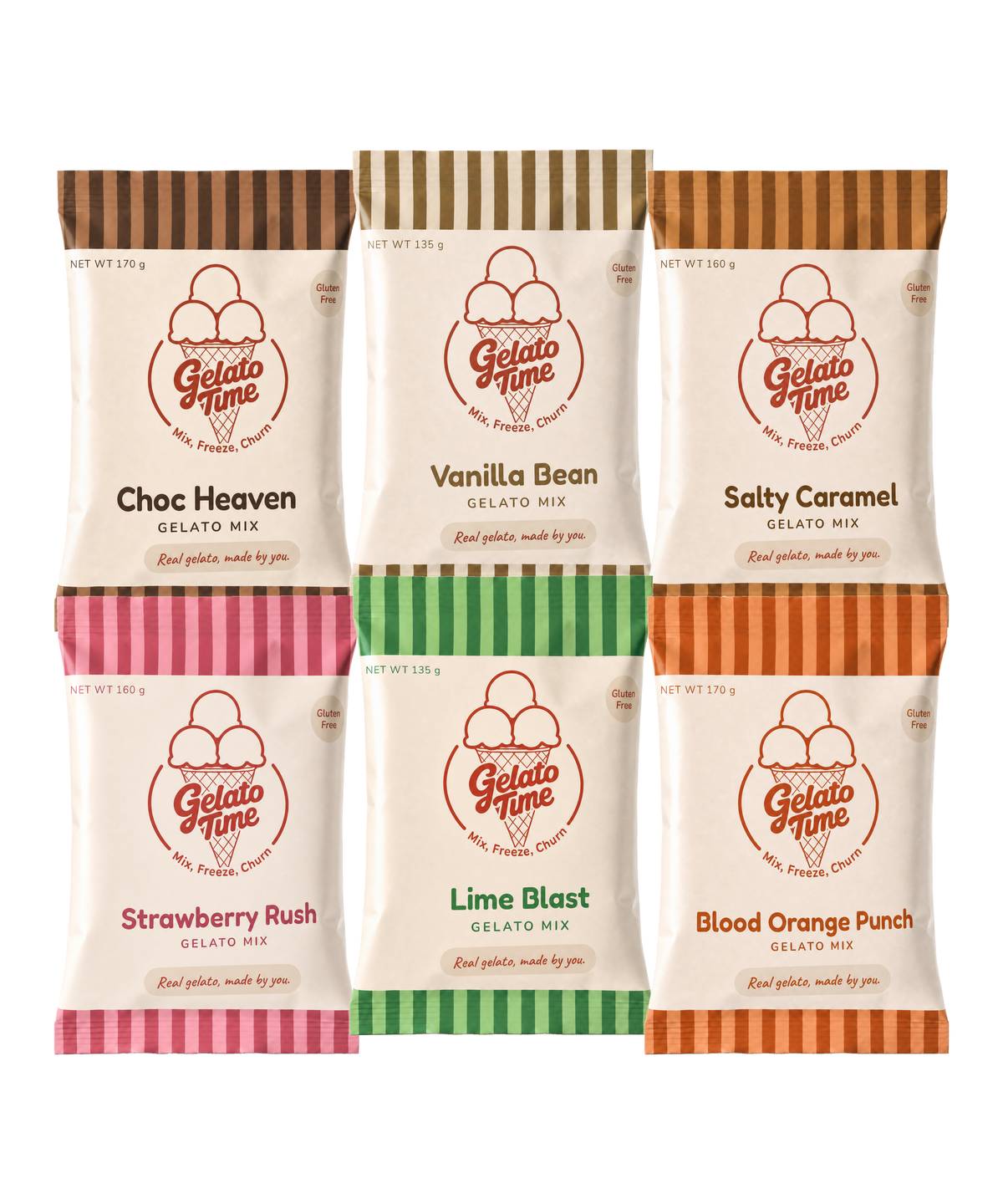 Six Gelato Time Gelato Mix sachets: Choc Heaven, Vanilla Bean, Salty Caramel, Strawberry Rush, Lime Blast and Blood Orange Punch